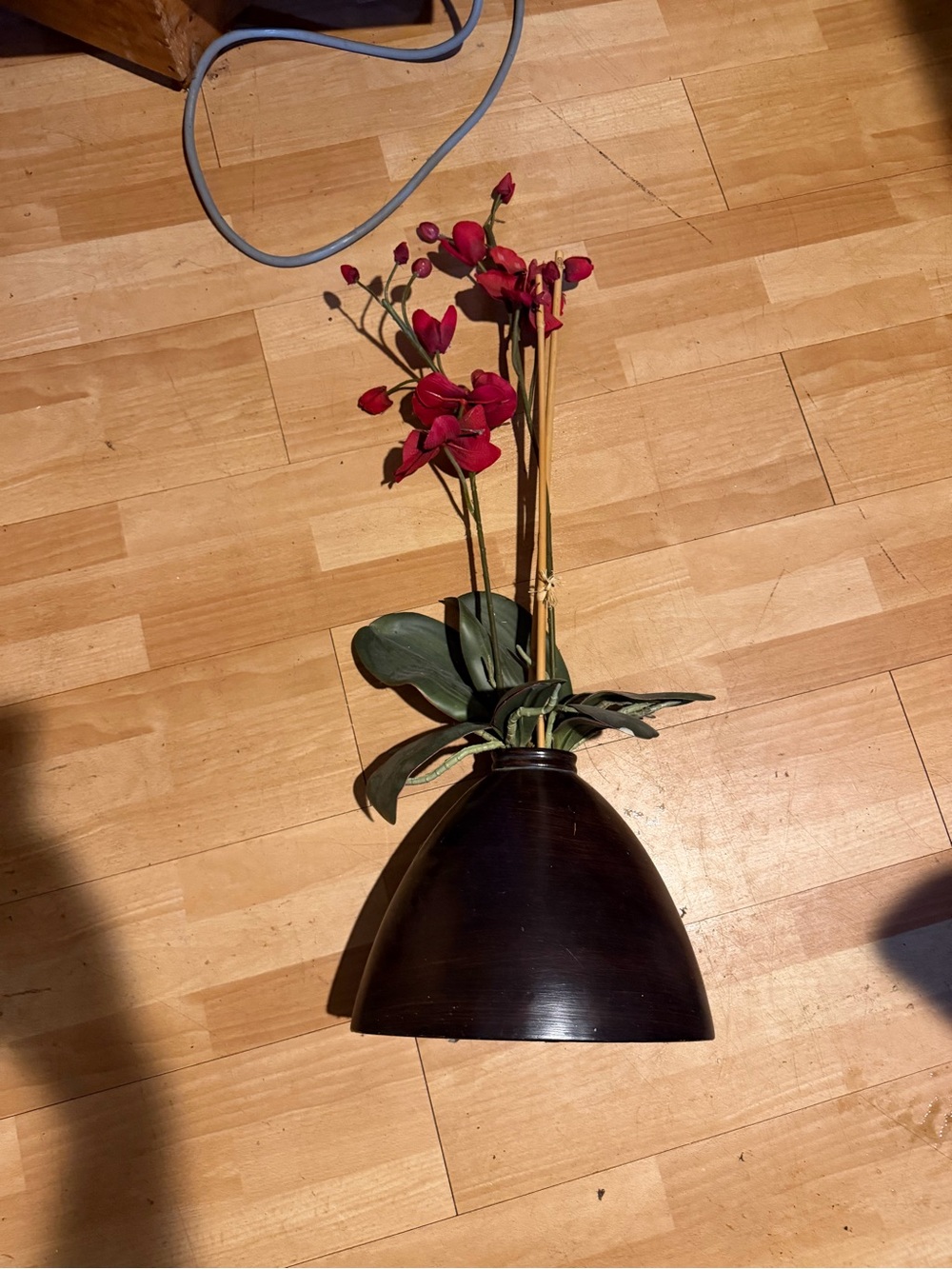 Red Orchid Stem Arrangement in Dark Brown Vase artificial vase plant home decor